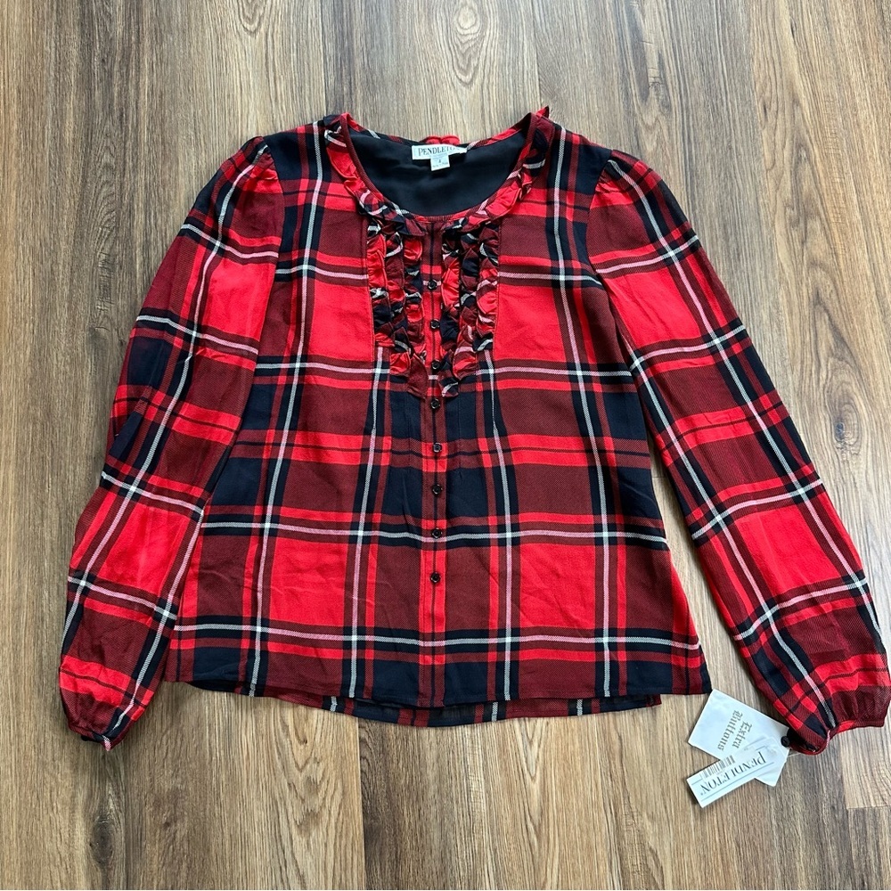 Pendleton Long Sleeve 100% Silk Blouse Button Ruffle Tartan Red Plaid Size 4 NEW